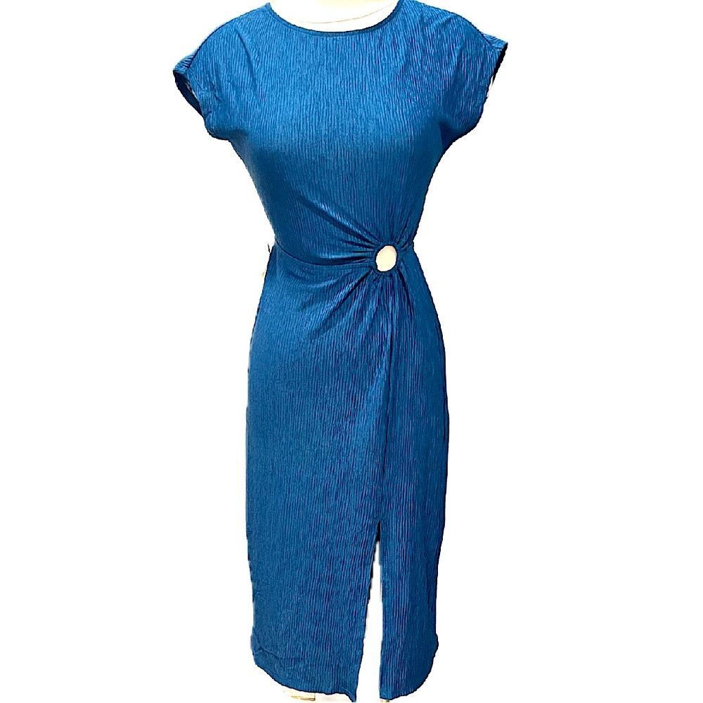 NWT Monteau Blue Short Sleeves Keyhole Cutout Midi Crinkle Dress Size XS
